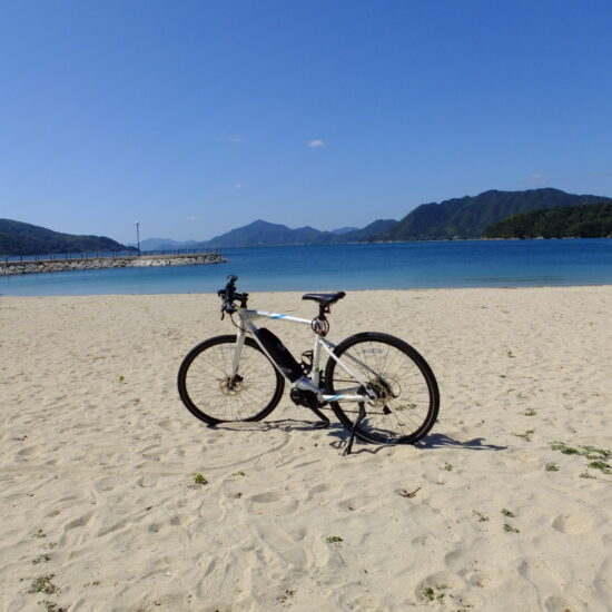 Bicycle in one of the sand beaches of Shimanami Kaido