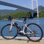 Bicycle in a beach with one of the bridges in Shimanami Kaido